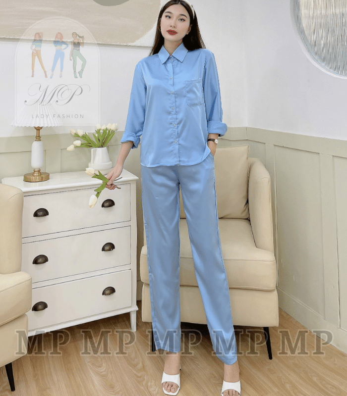 Set đồ bộ mặc nhà nữ, áo cổ sơ mi, dài tay, chất lụa mềm mại, thanh lịch, thời trang